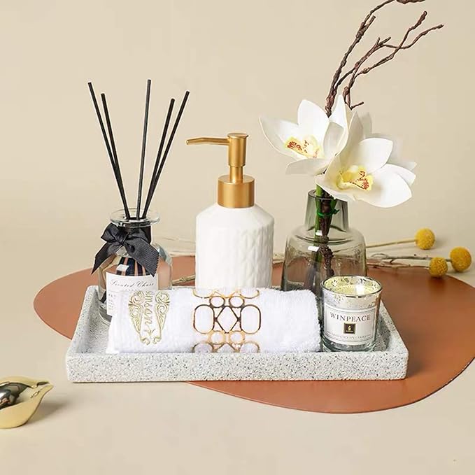 Bathroom Tray,Goporcelain Marble Tray for Bathroom Counter Decor Ceramic Perfume Organizer Vanity Tray for Dresser Jewelry Dish Key Plate Rectangle Marble Sink Trays Countertop Organizer Holder,Medium