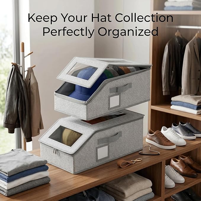 2 PCS Hat Organizer Storage Box for Closet, Stackable Hat Storage Box With Clear Window, Baseball Cap Organizer, Hat Storage Case, Dustproof Hat Holder Bin for Closet Shelf Wardrobe (Grey)