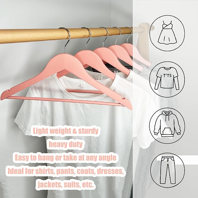 20 Pack Pink Clothes Hangers Slim Wood Hangers Coat Hangers for Closet,Clothes Hanger with Extra Smooth Finish,Precisely Cut Notches for Shirt Suit Dress Women Home Kids (Pink)