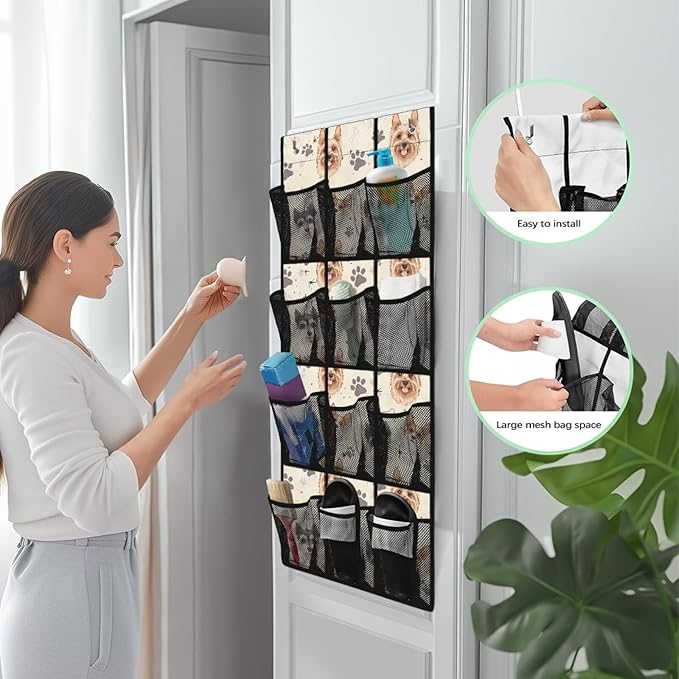 Dog Paws Behind Door Shoes Hang Holder Rack,Shoe Organizer Door Hanger with 12 Mesh Large Pockets,Space Saver,Unique Print