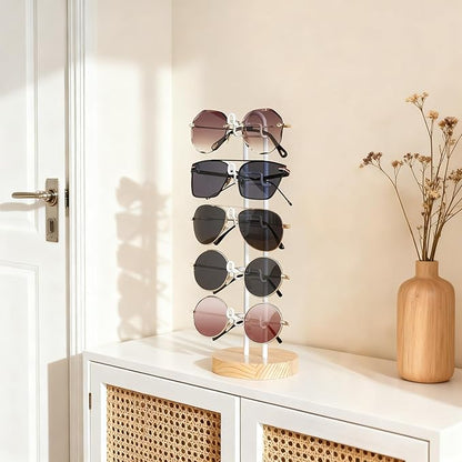 Mkono Sunglasses Organizer Glasses Holder Stand Sunglass Storage Eyeglasses Rack Metal Frame with Wood Base for 5 Pairs of Eyewear Display for Table Desk Countertop Dresser Bedroom (1, Wood)