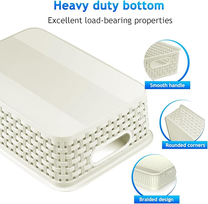 FUCDTEFC White Plastic Basket, 8 Pack Home Organization and Storage Baskets with Handles, Space Saving Woven Organizer Bins Plastic Storage Basket for Organizing Cabinets,Closets, Shelves, Countertops