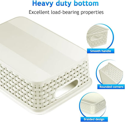 FUCDTEFC White Plastic Basket, 8 Pack Home Organization and Storage Baskets with Handles, Space Saving Woven Organizer Bins Plastic Storage Basket for Organizing Cabinets,Closets, Shelves, Countertops