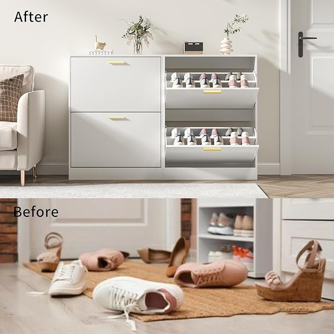 JOZZBY Shoe Cabinet Storage for Entryway, Freestanding Narrow Slim Shoe Organizer Cabinet with 2 Flip Drawers, Wooden Shoe Rack for Hallway, Living Room, White