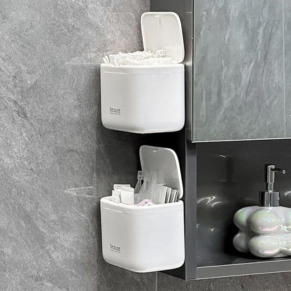 Pop-Up Q-Tip Holder & Cotton Pad Dispenser, Wall Mounted or Countertop Bathroom Organizer Box, Automatic Lifting Storage for Cotton Swabs, Hair Ties, Floss, Dustproof 4-Grid Vanity Container(White)