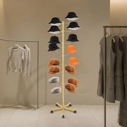 Freestanding Hat Rack Stand with Wheels,Metal Hat Organizer Rack with 16 Adjustable Circular Hooks,Floor Standing Hats Tree Display Stand (Golden)
