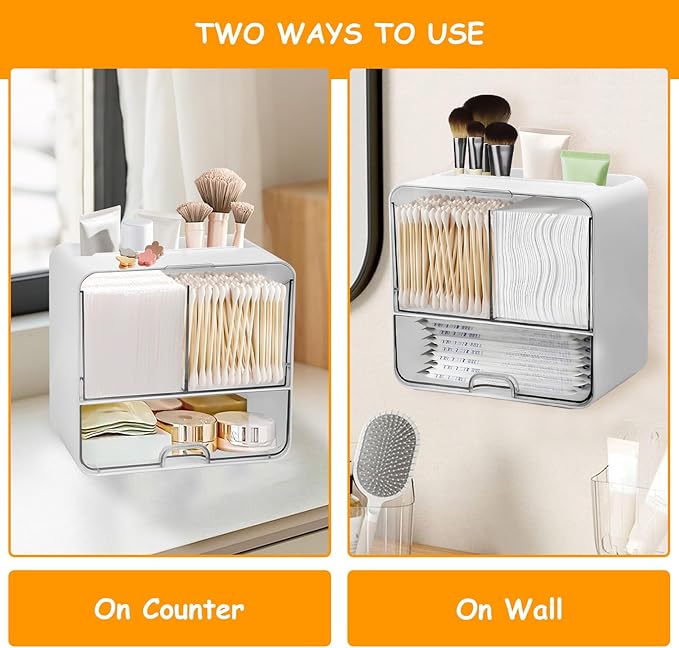 Wall Mounted Pad and Tampon Holder, Feminine Product Organizer With Drawer and Lid Wall Mounted Qtip Holder, Cotton Pad Holder for Cotton Swab, Makeup Pads, Hair Clips