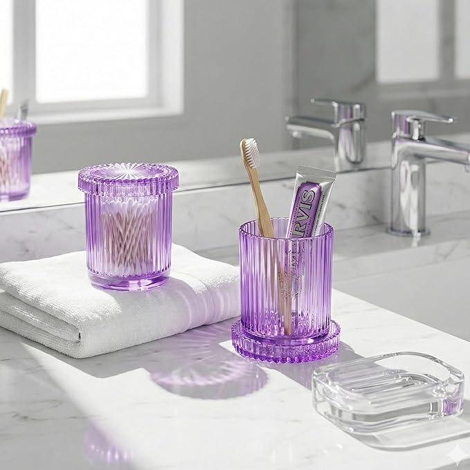 2 Pack Qtip Holder - Apothecary Jars with Lids, Bathroom Organizers and Storage Canister for Cotton Balls,Swabs,Floss Picks,Hair Ties,Clear Glass Vintage Bathroom Decor Jar Set (purple)