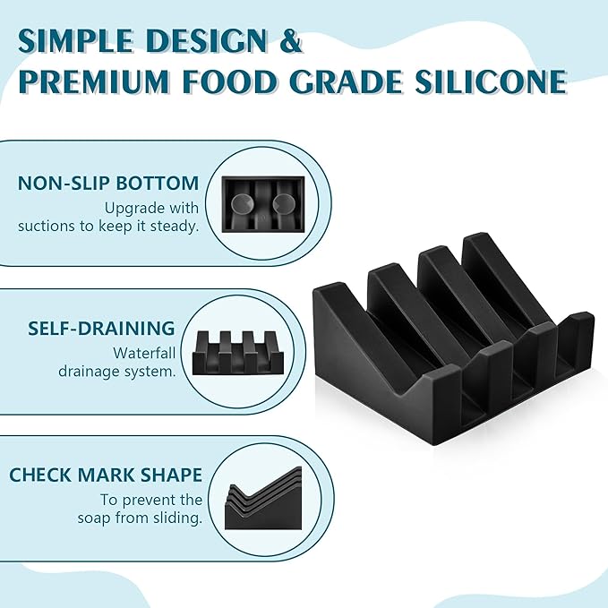 Soap Dish Holder for Shower with Suction Cup, Silicone Soap Holder & Saver Self-Draining Bar Soap Dish Keeps Soap Dry for Bathroom, Kitchen, Bathtub, Extends Soap Life (White+Black)-2Pack