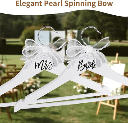 Bride Hanger for Wedding Dress Wooden Pearl Hangers with Pearl Ribbon Bow Elegant Bridal Mrs Wedding Dress Hanger, 2PCS Personalized Wedding Hangers (White)