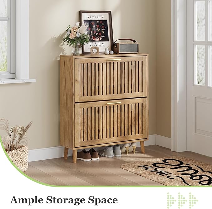 Shoe Storage Cabinet with Louvered 2 Flip Drawers, Narrow Shoe Cabinet Storage for Entryway, Freestanding Shoe Organizer Cabinet with Golden Handles, Slim Shoe Rack Cabinet 31.5in(Natural Wood)