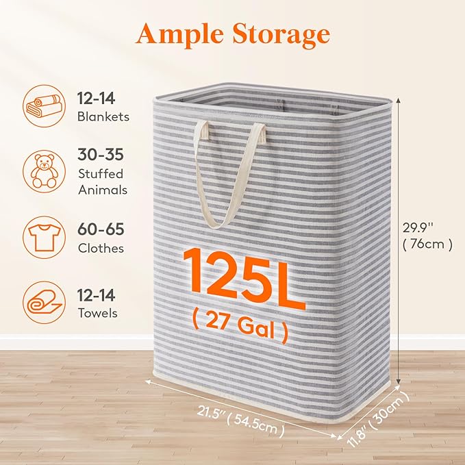 Lifewit 125L Large Collapsible Laundry Hamper, Tall Foldable Dirty Clothes Baskets Waterproof, Freestanding Design with Easy Carry Handles in Dorm Bedroom Bathroom College, Grey