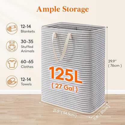 Lifewit 125L Large Collapsible Laundry Hamper, Tall Foldable Dirty Clothes Baskets Waterproof, Freestanding Design with Easy Carry Handles in Dorm Bedroom Bathroom College, Grey