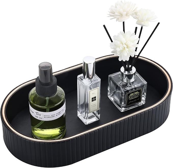 GORESE PU Leather Valet Tray Nightstand Organizer, Oval Perfume Trays Key Bowl Jewelry Dish for Bedside Dresser Entryway Table, Vanity Tray for Bathroom, EDC Trays for Men Women, 11×5.9 in, Black