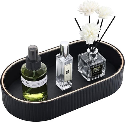 GORESE PU Leather Valet Tray Nightstand Organizer, Oval Perfume Trays Key Bowl Jewelry Dish for Bedside Dresser Entryway Table, Vanity Tray for Bathroom, EDC Trays for Men Women, 11×5.9 in, Black