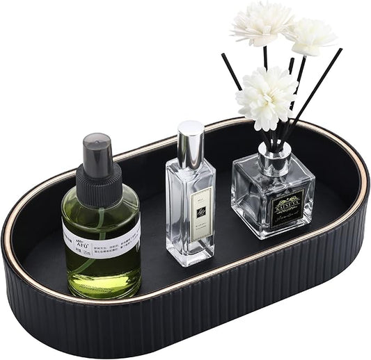 GORESE PU Leather Valet Tray Nightstand Organizer, Oval Perfume Trays Key Bowl Jewelry Dish for Bedside Dresser Entryway Table, Vanity Tray for Bathroom, EDC Trays for Men Women, 11×5.9 in, Black