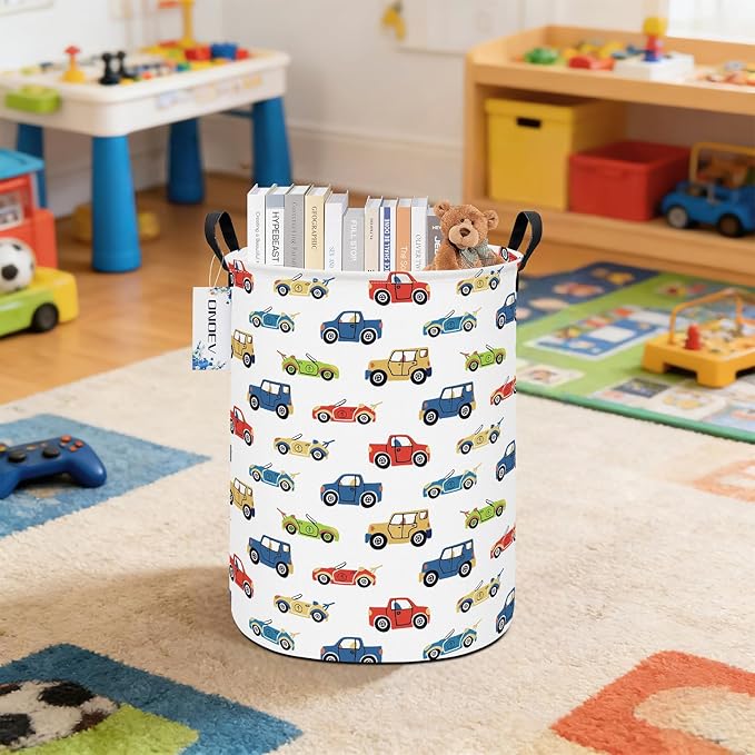Round Car Themed Laundry Basket,Collapsible Laundry Hamper for Boys,Cute Vehicle Truck Print Storage Bin,Waterproof Toy Storage for Kids Room,Nursery,Playroom,New Parent Gift (Car)