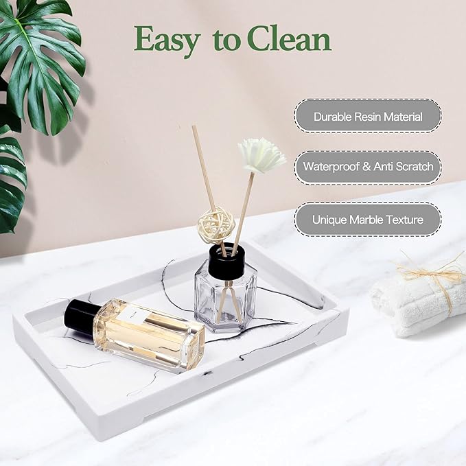 White Marble Pattern Vanity Tray, Resin Bathroom Tray for Counter, Toilet Tank Storage, Dresser Jewelry Organizer, Makeup Tray for Bathroom Bedroom, 10.5×5.9×1.1 Inches