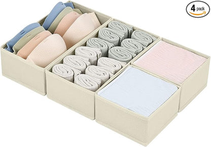 DIMJ Drawer Organizers Clothes, Dresser Organizer Bins for Baby Clothes,Underwear and Sock, Fabric Closet Organization and Storage Boxs, Drawer Dividers for Nursery, Clothing, Tie - 4 Pack, Beige