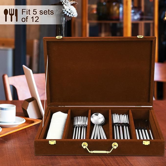 Pickmesh Silverware Case with Lid and Handle, Silverware Storage Box Sterling Silver Flatware Chest Without Silver Tarnish Proof Utensils Organizer for Kitchen Decor Wedding Gifts(Coffee,1 Layer)