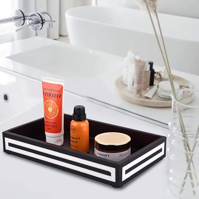 Handicrafts Home Black & White Bathroon Tray, Resin Inlay, Concentric Decorative Vanity Tray for Perfume & Cosmetics, Guest Towel Holder, Serving Tray for Bathroom & Kitchen Counter Organizer- 10x6