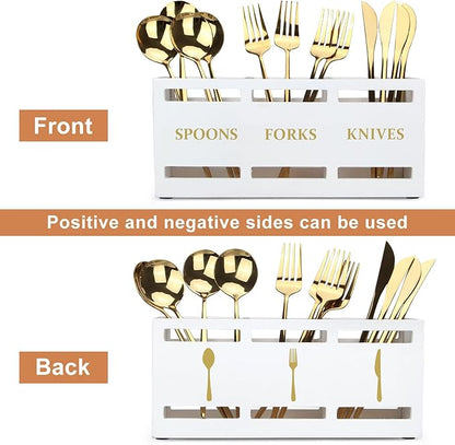 Ayiaren Wood Flatware Silverware Caddy White Cutlery Holder Kitchen Utensils Holder for Party Wooden Silverware Organizer for Countertop Knife Spoon and Fork Holder Table Utensil Caddy Organizer