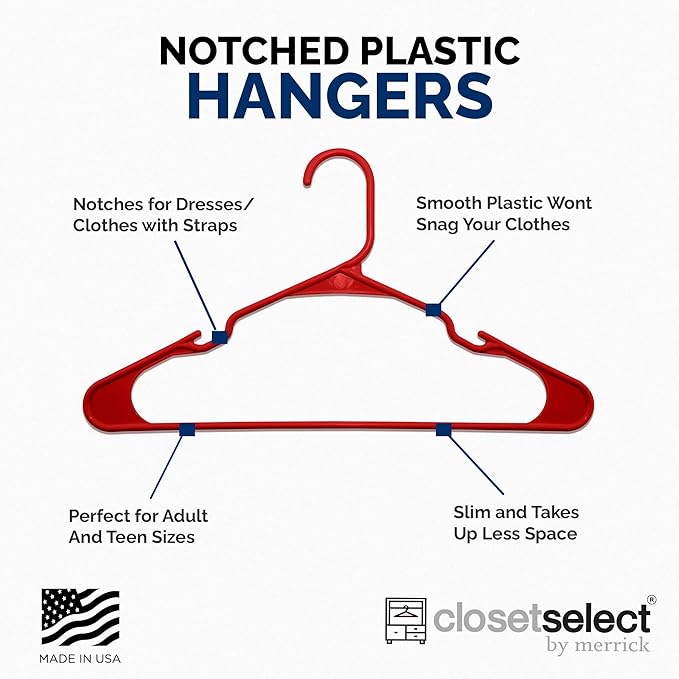 Closetselect Plastic Hangers 50 Pack - Space Saving Clothes Hangers, Made in USA, Durable & Strong Plastic Shirt & Coat Hanger with Notches & Shoulder Grooves, Non-Slip Clothing Hangers | Red Engine