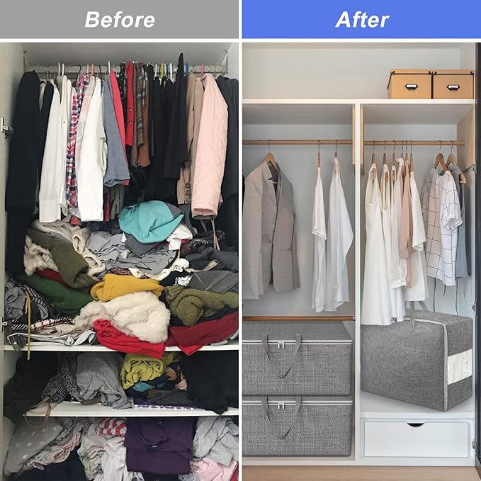 105L Extra Large Storage Bags, Folding Moving Comforter Blanket Storage Bags Closet Organizers and Storage Containers for Clothes with Strong Handles&Zippers Clear Window for Bedding Pillow Grey 8Pack