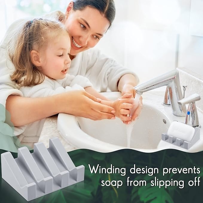 Cunhill 2 Pieces Silicone Soap Dish Self Draining Soap Dish Shower Waterfall Bar Soap Holder Tray with Drain Soap Saver for Kitchen Bathroom Accessories (Light Grey)