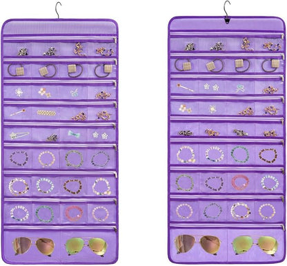 Travel Jewelry Organizer Dual Sided Hanging Earring Holder Bracelet Storage Rolls Rings Display Case with 68 Zippered Pockets (PURPLE)