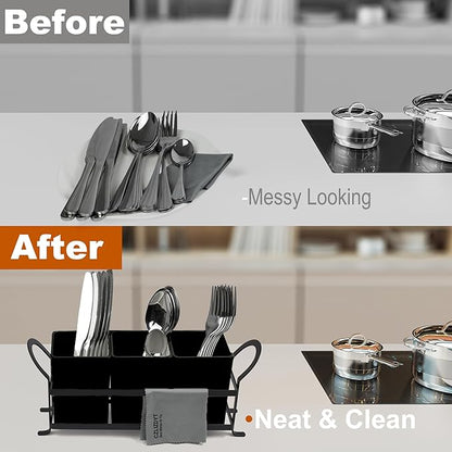 Czlizdyt Cutlery Holder with Drain Holes, Silverware Caddy for Party Countertop, 3pcs Bins Set Utensil Holders for Spoon and Fork, Black
