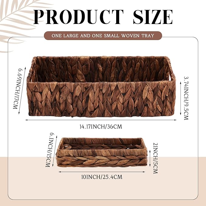 2 Pcs Toilet Paper Basket for Back of Toilet Wicker Water Hyacinth Basket Topper and Vanity Tray Set with Built-in Handles for Paper Hand Towel, Bathroom, Home, Spa(Dark Brown)