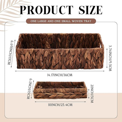 2 Pcs Toilet Paper Basket for Back of Toilet Wicker Water Hyacinth Basket Topper and Vanity Tray Set with Built-in Handles for Paper Hand Towel, Bathroom, Home, Spa(Dark Brown)