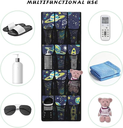 Space Planet Over Door Organizer for Kids, 12 Pockets Astronaut Theme Shoe Rack, Durable Oxford Fabric Storage Bag for Bedroom, Playroom & Science Decor