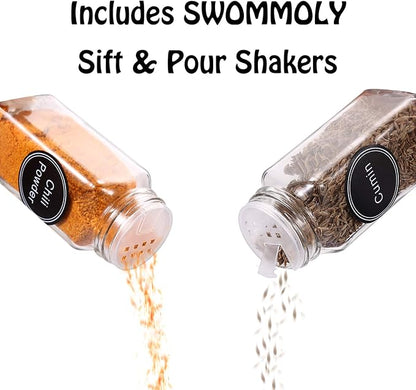 SWOMMOLY Spice Rack Organizer with 18 Empty Square Spice Jars, 396 Spice Labels with Chalk Marker and Funnel Complete Set, Spice Organizer for Countertop, Cabinet or Wall Mount, Black