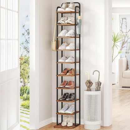 Hzuaneri 10 Tiers Vertical Shoe Rack, Narrow Shoe Tower, Tall Shoes Shelf with 2 Hooks, Adjustable Shelves, Corner Shoes Shelves for Small Spaces, Entryway, Living Room, Rustic Brown SR11201B
