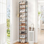 Hzuaneri 10 Tiers Vertical Shoe Rack, Narrow Shoe Tower, Tall Shoes Shelf with 2 Hooks, Adjustable Shelves, Corner Shoes Shelves for Small Spaces, Entryway, Living Room, Rustic Brown SR11201B
