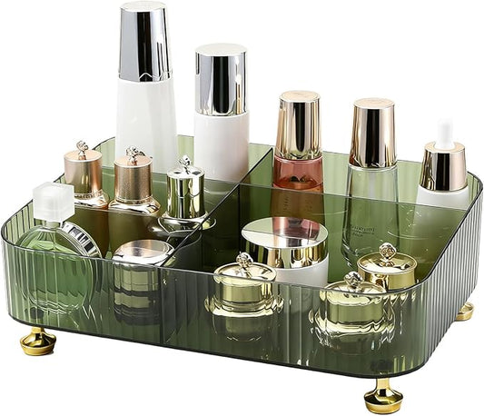 DASITON Makeup Organizer Countertop for Vanity, 5 Slots Makeup Brush Holder Organizer, Vintage Makeup Perfume Tray Cosmetic and Skincare Organizers for Bedroom Bathroom Counter, Desk Storage (Green)