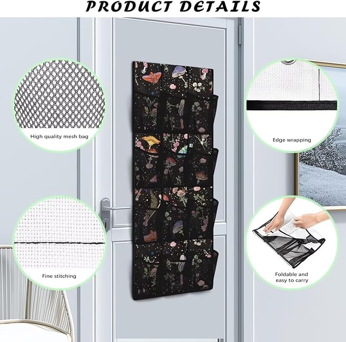 Butterflies Door Hanger Organizer Mesh Pockets Behind The Door Organizer for School Supplies Storage Mushrooms Shoe Holder Hanger with Hook Design 12 Pockets Wall Hanging Storage for Dorm