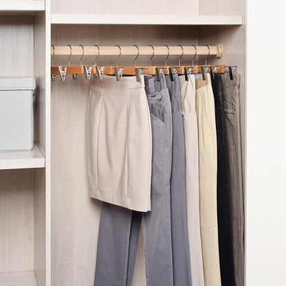 Amber Home 24 Pack 14.17" Solid Natural Wooden Pant Skirt Hangers, Bottom Hangers for Slacks Trousers Jeans with 2-Adjustable Anti-Rust Clips (Natural, 24 Pack)