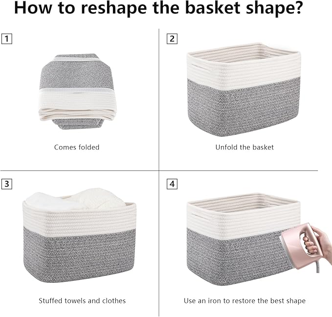OIAHOMY 4 Pack Storage Baskets for Organizing, Basket for Shelves with Handle, Woven Baskets for Storage Toys, Towels, Books, Cotton Rope Basket 13" L x 9 " W x 7.8 " H, Grey & White