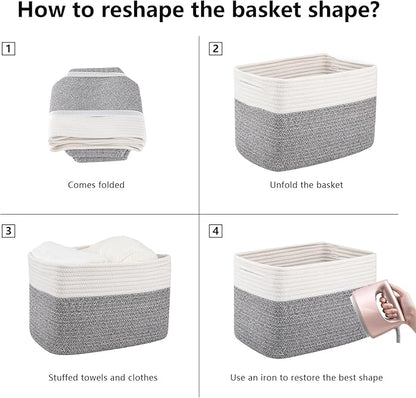 OIAHOMY 4 Pack Storage Baskets for Organizing, Basket for Shelves with Handle, Woven Baskets for Storage Toys, Towels, Books, Cotton Rope Basket 13" L x 9 " W x 7.8 " H, Grey & White