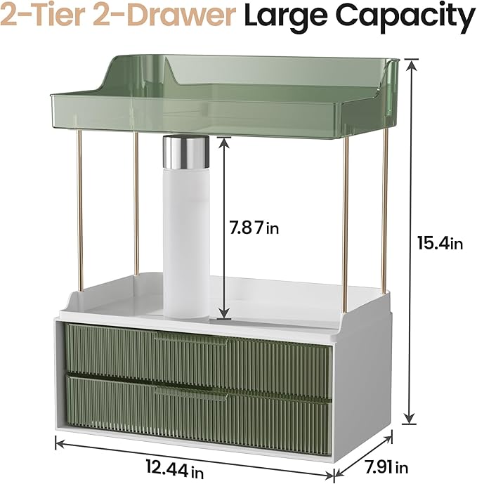 Delamu Bathroom Organizers and Storage, 2 Tier 2 Drawer Makeup Organizer Countertop, Easy to Install, Ideal for Bathroom Counter, Vanity, Ideal for Women Girls, Green
