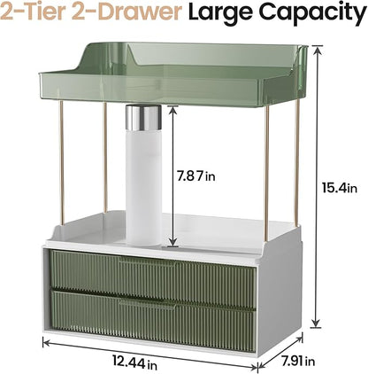 Delamu Bathroom Organizers and Storage, 2 Tier 2 Drawer Makeup Organizer Countertop, Easy to Install, Ideal for Bathroom Counter, Vanity, Ideal for Women Girls, Green