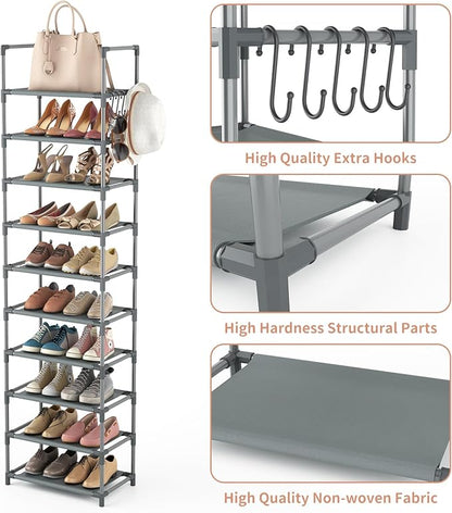 LANTEFUL 10 Tiers Tall Shoe Rack 20-25 Pairs Boots Organizer Storage Sturdy Narrow Shoe Shelf for Entryway, Closets with Hooks, Grey