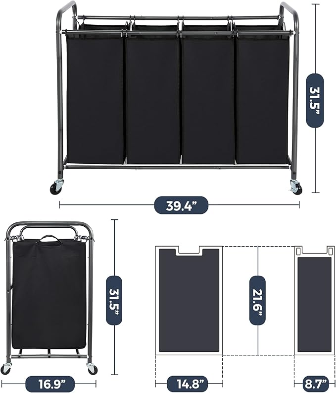 STO STO Laundry Sorter 4 Section, 4 Bag Clothes Hamper, Rolling Laundry Cart Basket with Heavy Duty Lockable Wheels and Removable Bag for Laundry Room, Bedroom, Closet, Black