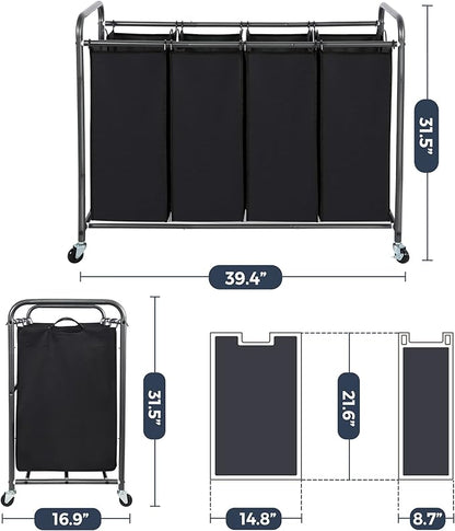 STO STO Laundry Sorter 4 Section, 4 Bag Clothes Hamper, Rolling Laundry Cart Basket with Heavy Duty Lockable Wheels and Removable Bag for Laundry Room, Bedroom, Closet, Black