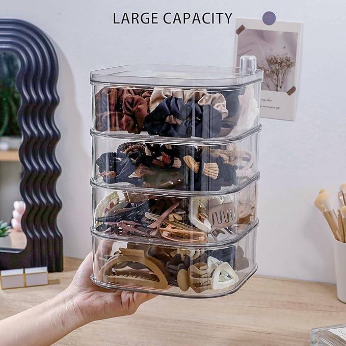 FABROK 4-Layer Girls Hair Tie Organizer, Rotating Hair Accessories Storage Holder for Vanity and Bathroom, Clear Plastic Container for Women Makeup Tools, Skincare Products