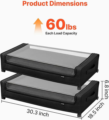 VEVOR Under Bed Storage with Wheels, 30.3 x 18.5 x 6.8 inch, Underbed Containers with Clear Lid, Underbed Shoe Organizer, Rolling Under the Bed Storage Bins for Clothes Shoes Blankets Bedroom, 2 Pack