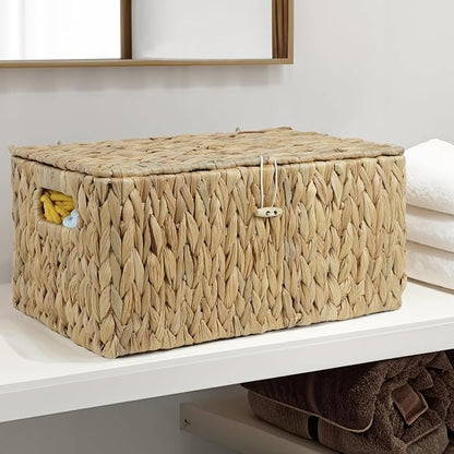 ORDELITE Large Wicker Basket with Lid, Rectangular Water Hyacinth Storage Baskets for Organizing, Woven Basket for Storage, Decorative Boxes Bins with Lids Home Organizer Decor